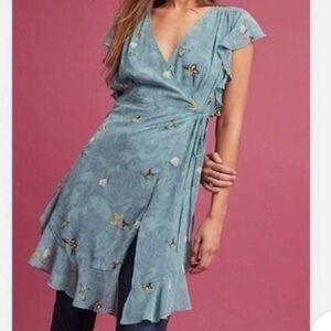 Anthropologie Feather Bone Osuna Wrap Dress Women S Teal Butterfly Sheer Y2K